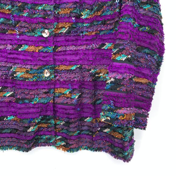 Chicos Design Shirt Jacket Womens Sz 2 US L Ruffle Purple Multicolor Silk Stripe - Picture 4 of 5